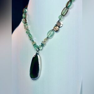 Silpada Vintage Sterling & Leather Necklace w/Green Glass Teardrop Pendant